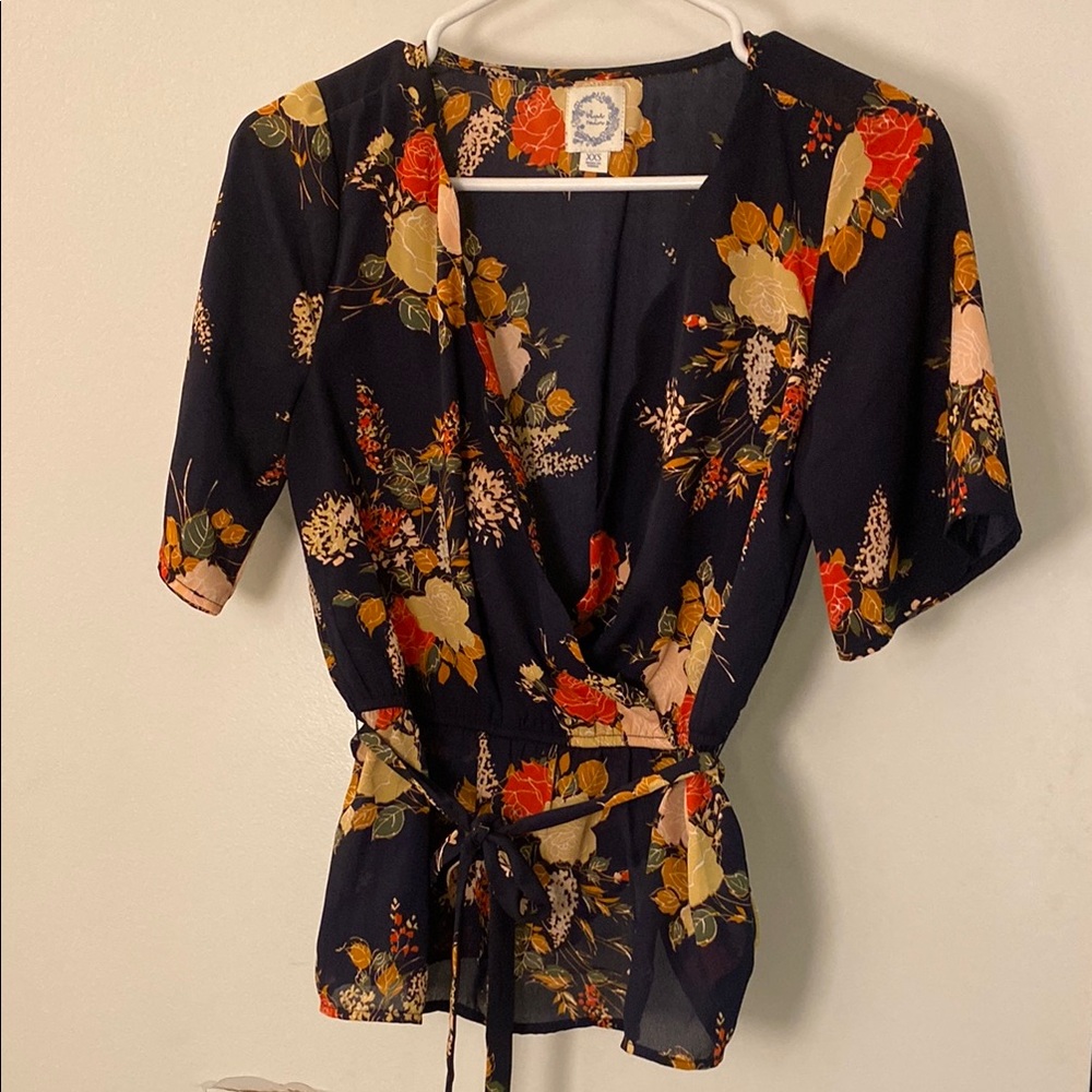Floral Wrap Top - Navy Blue